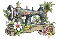 sewing machine palm tree wave rainbow plumeria hawaii tattoo design idea