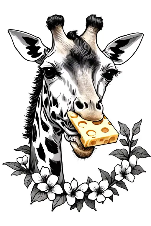 Cute giraffe eating cheese in a flower vine frame tattoo design idea