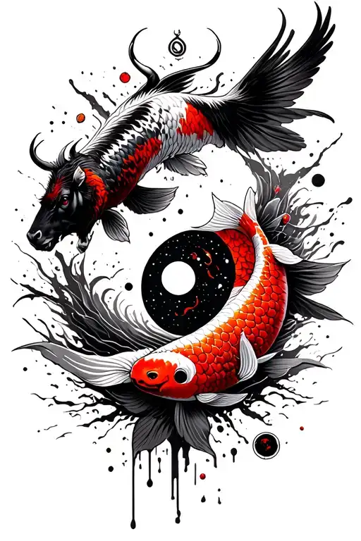 Spiritual figure with 4 elements, flying bison, koi in yin-yang, temples, planet, mix of blackwork and soft color tattoo design idea