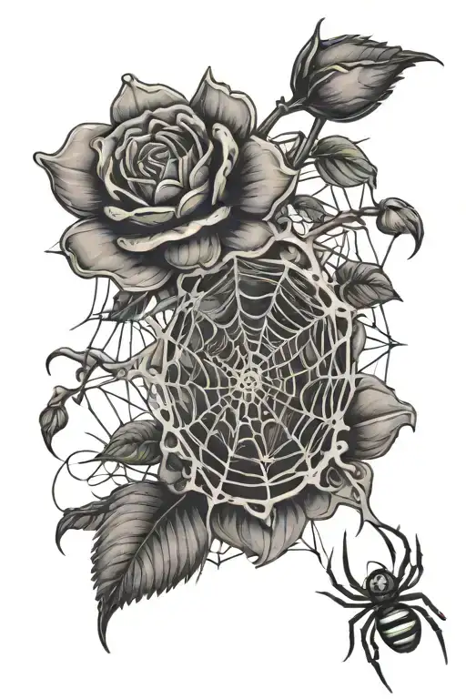 flower with stem and spiders hanging form a web tattoo design idea