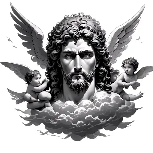 I want a manga with the face of the god of Olympus as with angels fallen from heaven cherubs and clouds tattoo design idea