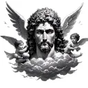 I want a manga with the face of the god of Olympus as with angels fallen from heaven cherubs and clouds tattoo design idea