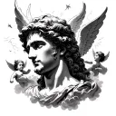 I want a manga with the face of the god of Olympus as with angels fallen from heaven cherubs and clouds tattoo design idea