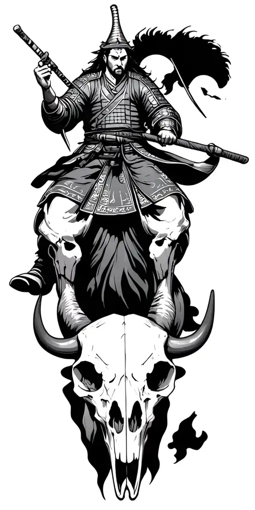 japanese samurai riding on a bull skull tattoo design idea