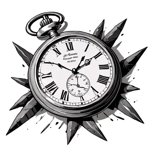 pocket watch set to 3:15 with two railroad spikes behind the watch tattoo design idea