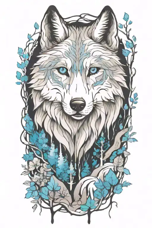 wolf blue eyes forest landscape tattoo design idea