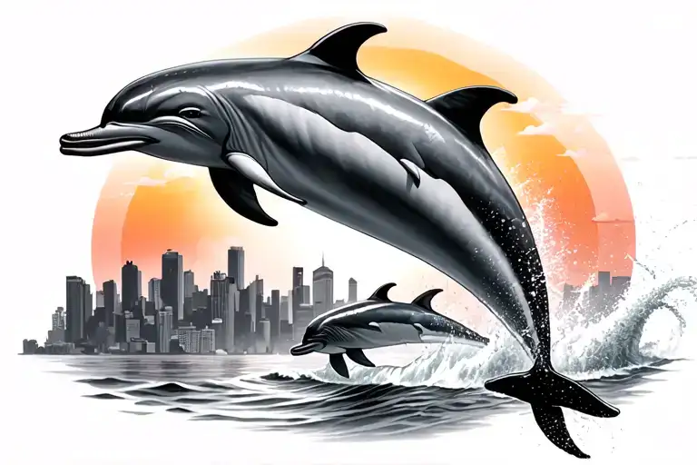 3 dolphins jumping with sunset skyline technology tattoo design idea
