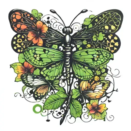 four leaf clovers, dragonflies pain grief tattoo design idea