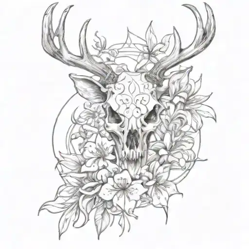 deer skull with snake and spider lily flowers tattoo design idea