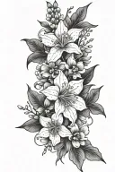 larkspur, sakura flower and cosmo bouquet tattoo design idea