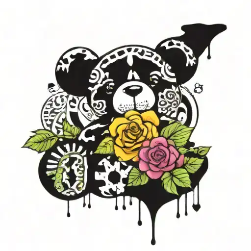 A tie dye Teddy bear holding a rose, surrounded by tribal patterns and peace signs with the name Aubrey Anne Mclaughlin  tattoo design idea