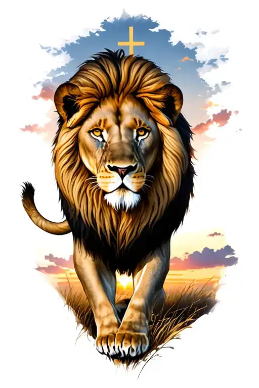 Half sleeve lion tattoo, majestic lion standing on African savanna, sunset background, subtle cross in the sky,  tattoo design idea