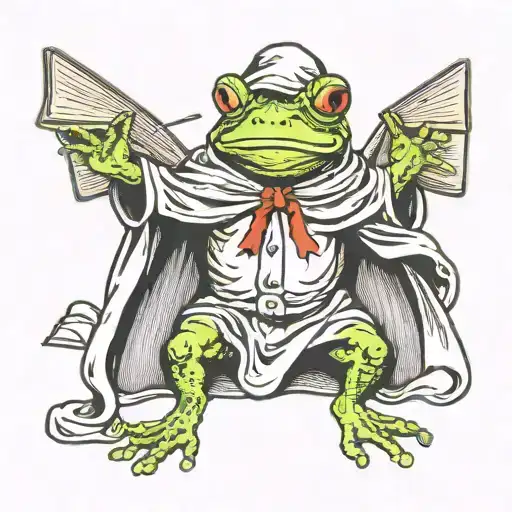 frog standing on two legs, dressed in a hooded cloak, holding a book, conjuring demons tattoo design idea