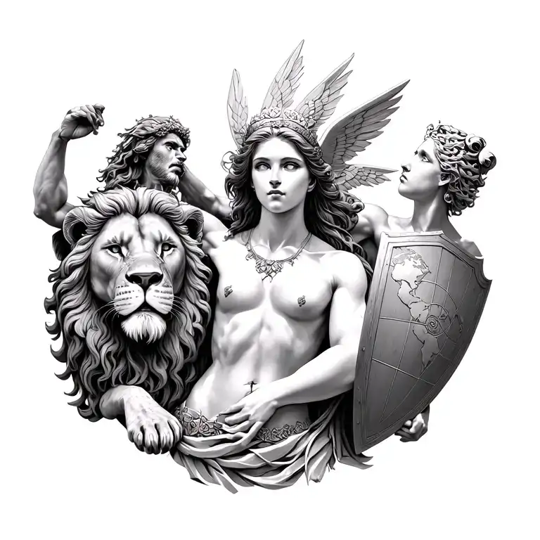 Zeuswith a lion Athena holding her shield with an own on her shoulder Perseus holding madusa head Atlas hold the world u tattoo design idea