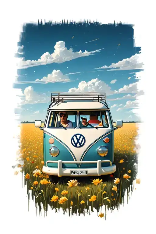 vw campervan driving through a field tattoo design idea