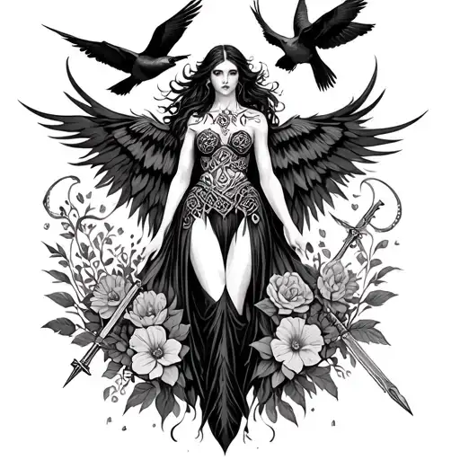 an image of the Celtic Goddess, the Morrigan. Surrounded by her associated flowers, weapons and multiple flying crows.  tattoo design idea