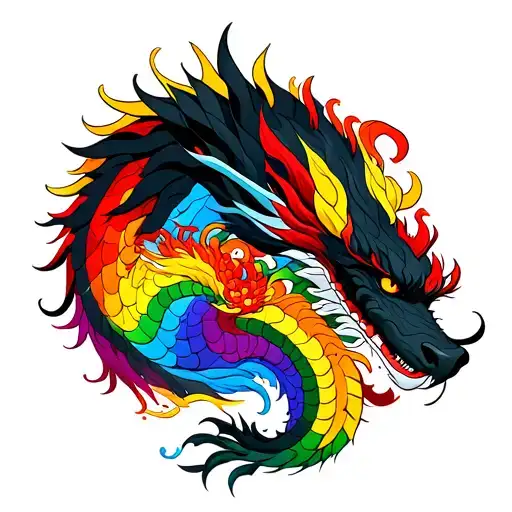 black japanese dragon looking down on rainbow colored japanese dragon tattoo design idea