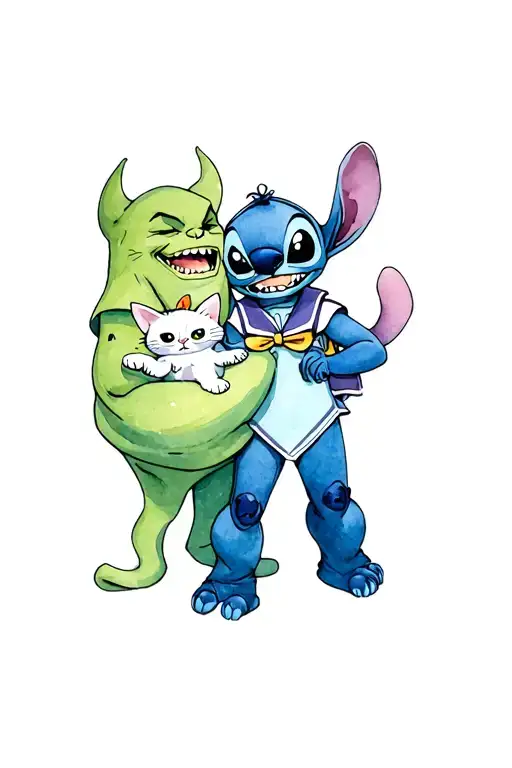 stitch wearing oogie boogie costume holding ragdoll sailor moon in one arm and sailor moon cat in other arm.  tattoo design idea