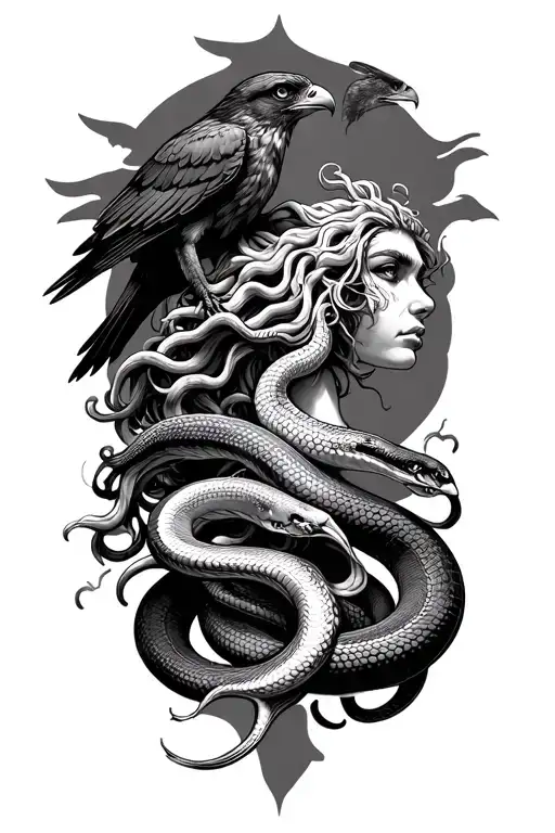 fine line realism of a medusa head with a hawk perched on her head on one of the snakes with its wings protecing her tattoo design idea