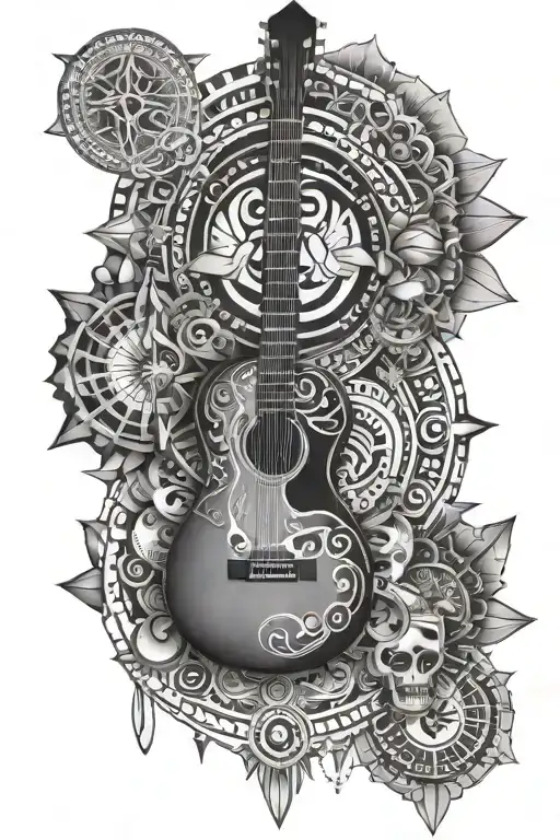 chakras, guitar, watch, Egyptian symbols representing different tattoo design idea