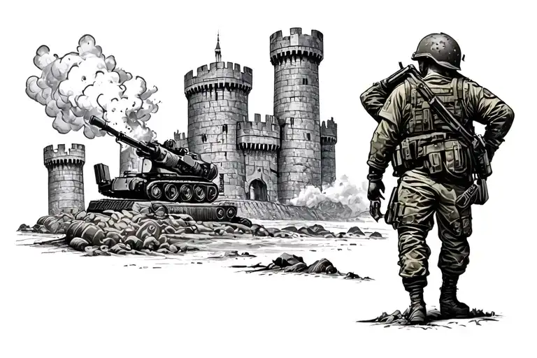 a military tattoo for combat engineers who blow things up and with a castle in the background tattoo design idea