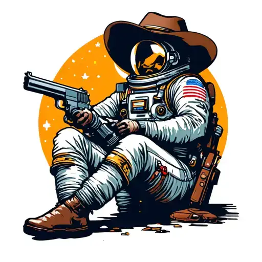 The astronaut sits in space with a holstered pistol and a cowboy hat on helmet tattoo design idea