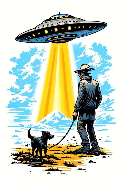 tattoo style image of a ufo with beam and a man walking a dog. The man and dog should be a silhouette. tattoo design idea