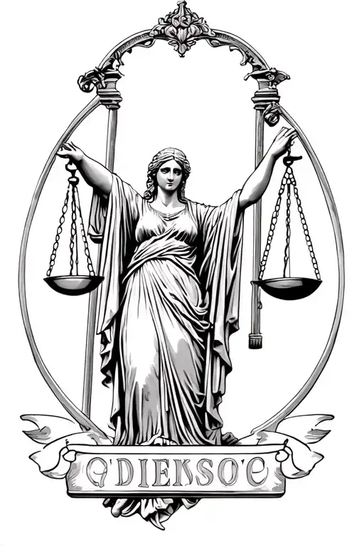 Lady Justice with her arms outstretched, holding a scale in both hands. tattoo design idea