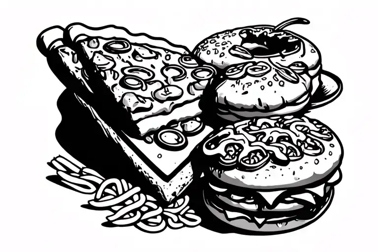 bold line tattoo of pizza, donut, burger and pasta tattoo design idea