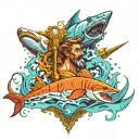 Poseidon in the water with sturgeon swimming with sharks in the city add a hour glass and compass  tattoo design idea