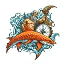 Poseidon in the water with sturgeon swimming with sharks in the city add a hour glass and compass  tattoo design idea