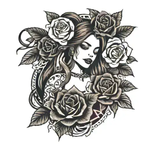 beautiful bdsm girl with roses and long hair tattoo tattoo design idea