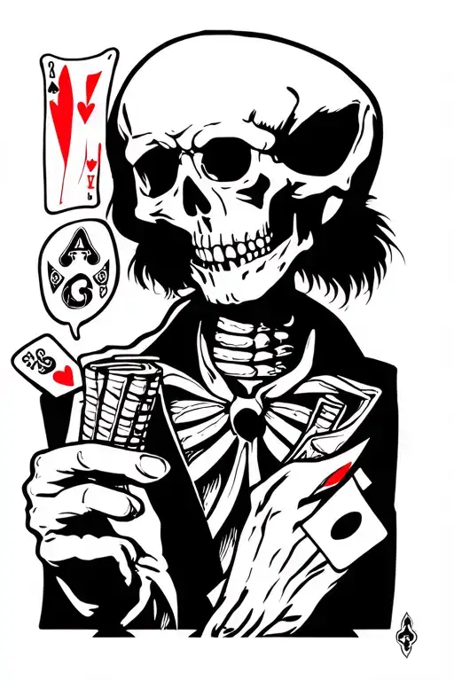 i want a Skelton playing poker talking and the words he says is "bingo" tattoo design idea