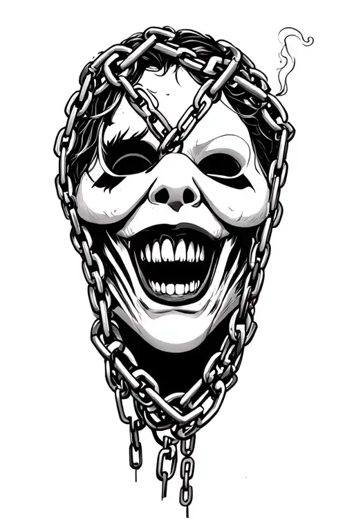 scary laugh now cry later smoking joint with masks intertwined with chains & chain link fencing tattoo design idea