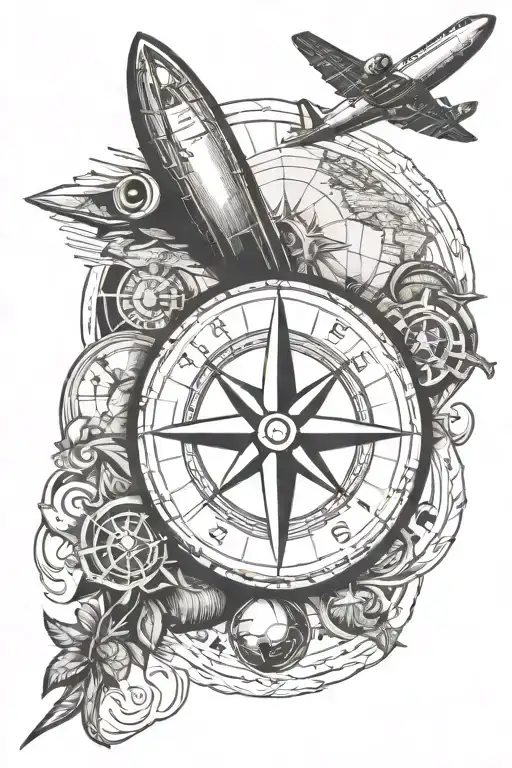travel inspired tattoo featuring compass, plane, globe tattoo design idea