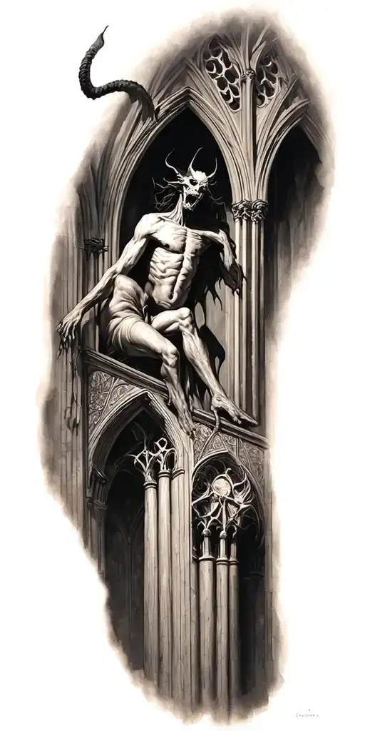 demons trapped in a cathedral realism tattoo design idea