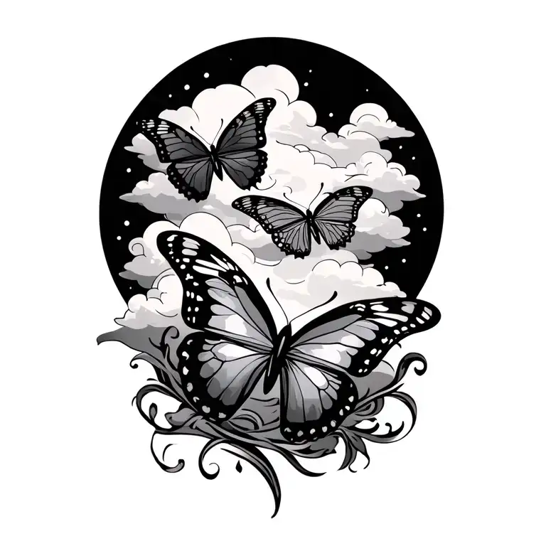 butterflies and clouds swirling tattoo design idea