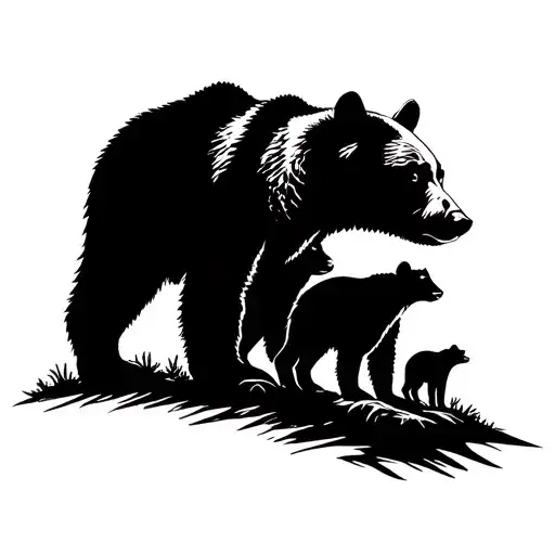 A tattoo design of a mother bear and her cubs exploring the Yosemite National Park, with intricate blackwork details highlighting the beauty of the wilderness tattoo design idea