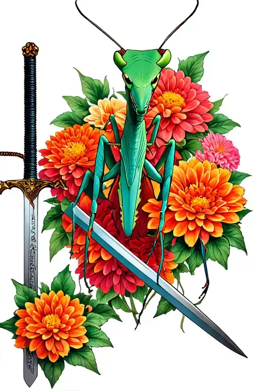 praying mantis in chrysanthemums and samurai sword tattoo design idea