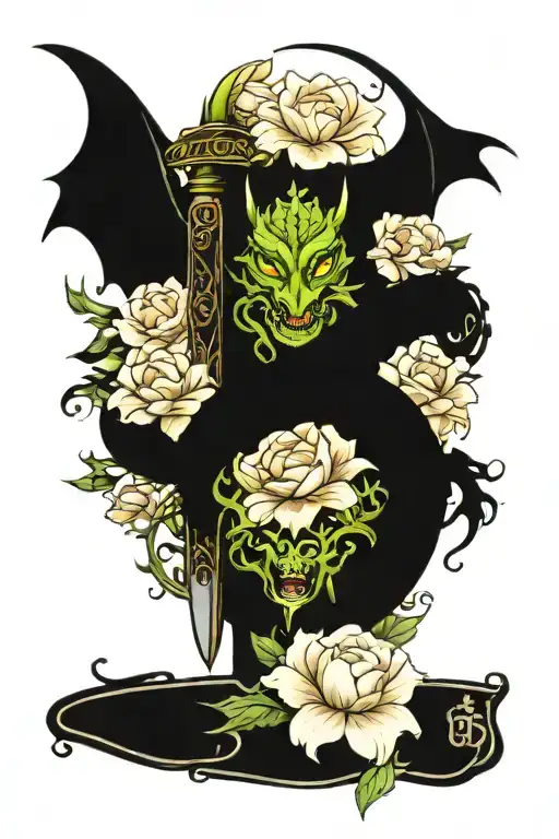 dragon sword books surrounded by florals tattoo design idea