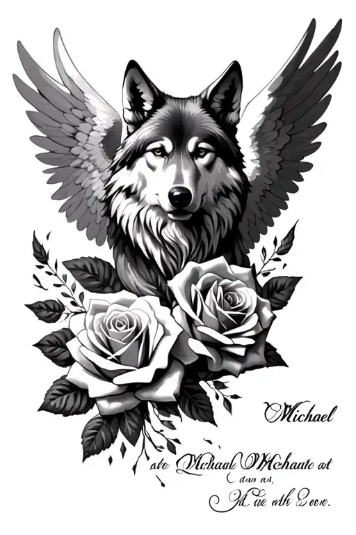 Michael archangel, roses, wolf, warrior, scripture tattoo design idea