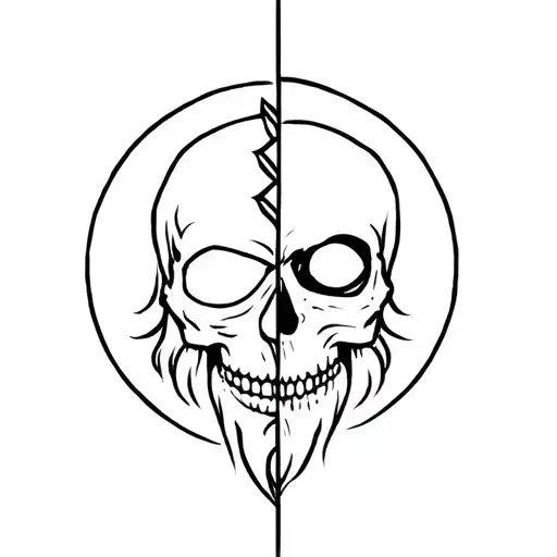 Norse warrior’s head split in half one side is peaceful, one side is a skull  son symbol as protective amulet below tattoo design idea