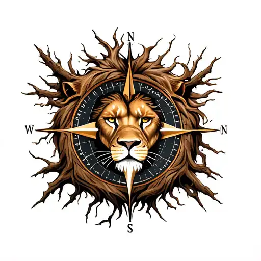 Lion Compass Wood Roots Tattoo tattoo design idea