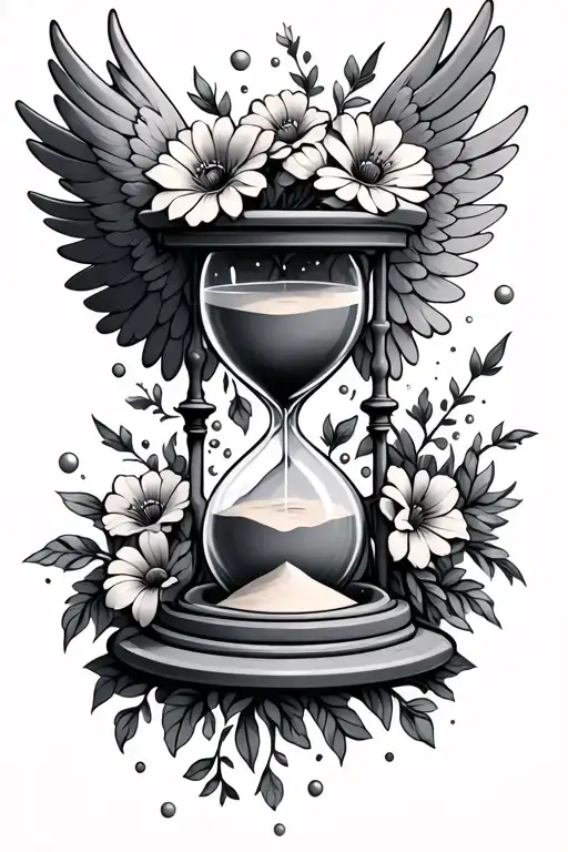 hourglass with wings, sand falling into su flowers tattoo design idea