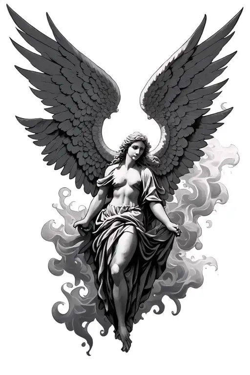 angel tattoo with greek mytholody and smoke tattoo design idea
