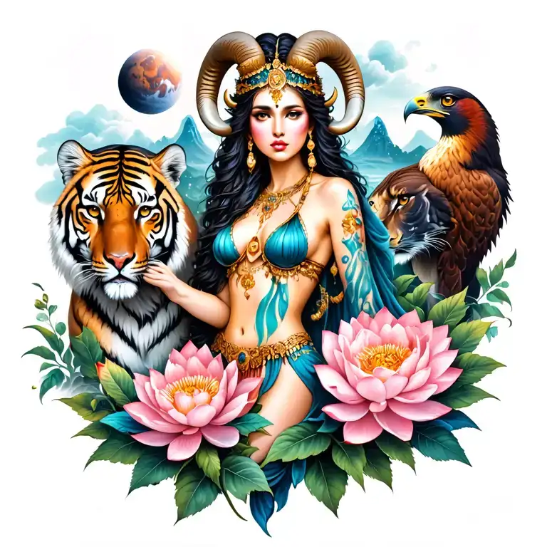 sexy aries goddess surrounded by lotus and peony flowers growing with a hawk and a tiger with mars and galaxy landscape  tattoo design idea