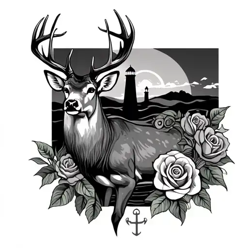 buck deer, anchor, roses, lighthouse, irises tattoo design idea