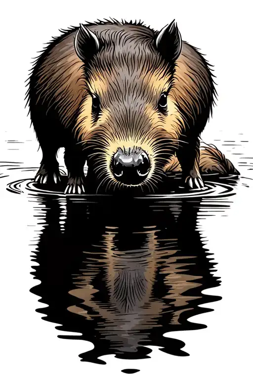 Simple line art. Side on view. Capybara meets boar at river edge. Capybara in water, boar on bank. connection tattoo design idea