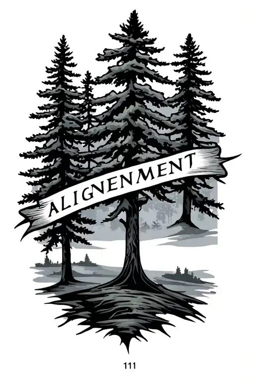 small font 11:11, "alignment" wording and colored pine tree tattoo for tricep tattoo design idea