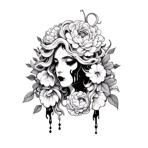 beautiful Medusa with peonies, black tears, moon, long nails/ half body  tattoo design idea